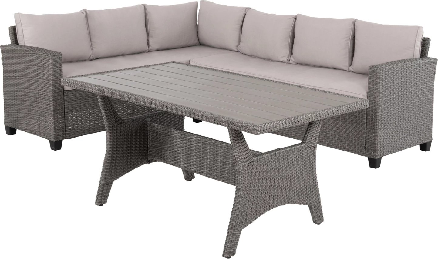 Set salloni për jashtë, kënd i djathtë, Carson, FH6078.01, ratan sintetik gri, jastëkë, dru PS