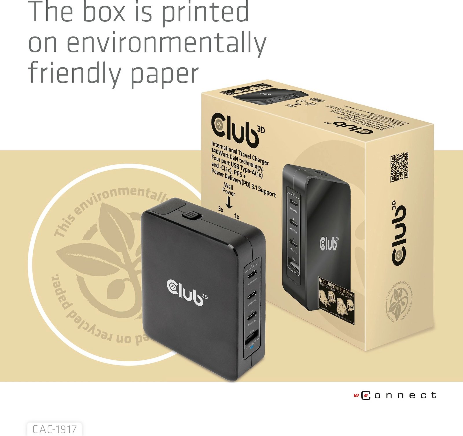 Karikues universal Club3D CAC-1917, 3x USB-C, 1x USB-A, 140W, GaN, i zi