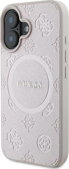 Mbështjellës Guess Saffiano Peony Classic Logo MagSafe për iPhone 16 Plus, Rozë