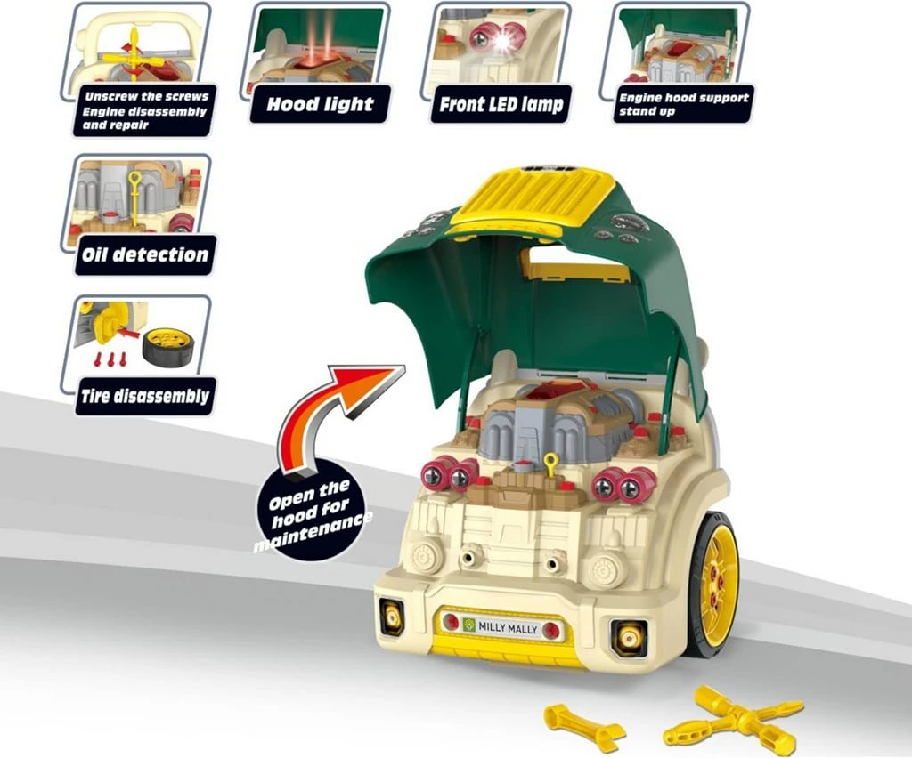 Lodër edukative motor makine me kapak hapës, MILLY MALLY N-GINE, efekte dritë/tingull, timon me borinë, 3 AA, 3+ , e gjelbër, set 56 copë