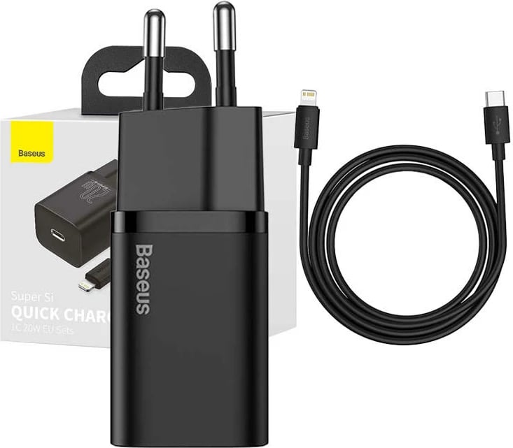 Karikues i shpejtë Baseus Super Si Quick Charger 1C TZCCSUP-B01 me kabllo USB-C në Lightning 1m, Zi
