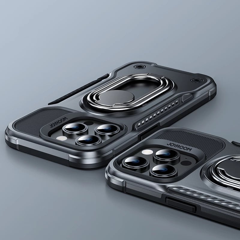 Mbështjellës Joyroom Dual Hinge për iPhone 14 Pro, me mbajtëse dhe unazë, i zi