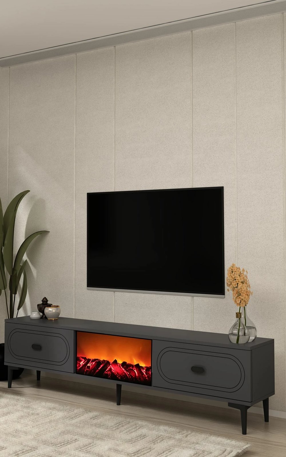 Komodë TV Skye Decor, ngjyrë antracit, me oxhak dekorativ