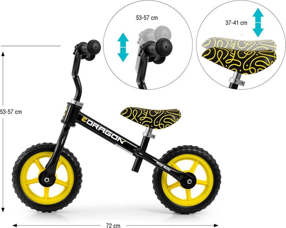 Biçikletë balancuese, Milly Mally, Dragon, rrota 10" shkumë, kornizë çelik e lehtë, timon/sedile të rregullueshme, zile, e zezë