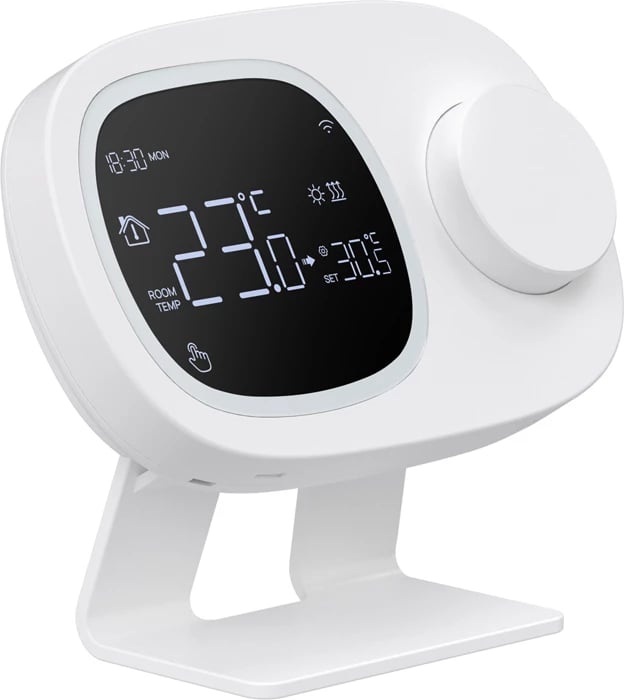 Termostat i mençur Wi‑Fi, Avatto WT598-1T1, ekran me ndriçim, programim javor 5+2/6+1/7, kontroll me aplikacion Tuya/Smart Life dhe zë, furnizim me rrymë ose 3x AAA