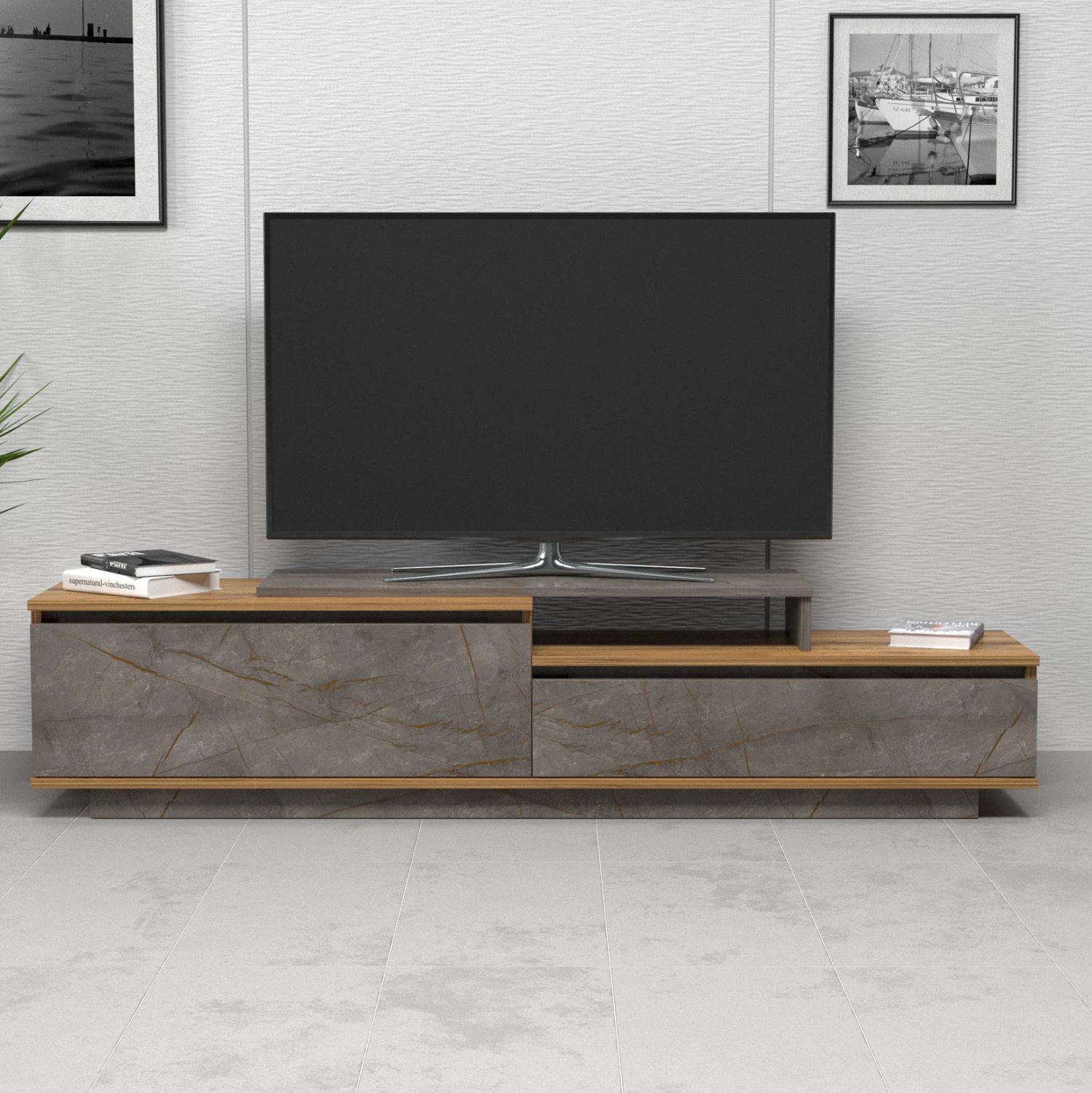 Mobilje TV LEIS FH18186 melaminë, ngjyrë druri natyral dhe mermeri gri, 180x35x42 cm