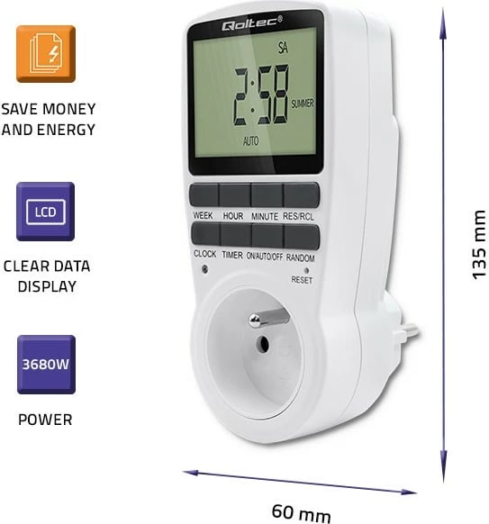 Programator kohe elektronik Qoltec PC0628, 3680W, 16A, LCD, Bardhë