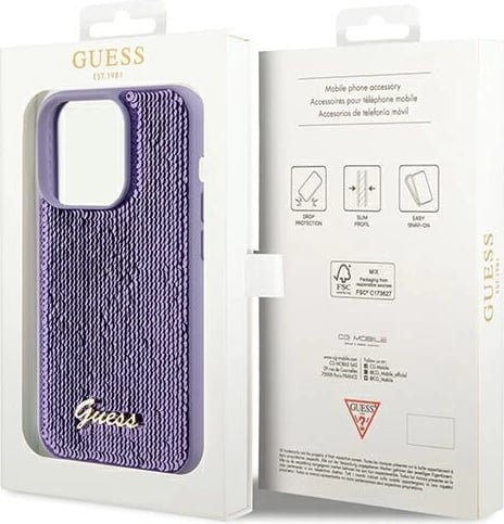 Mbështjellës Guess Sequin Script Metal për iPhone 14 Pro Max, vjollcë