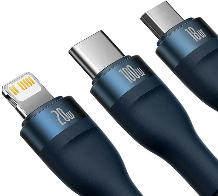 Kabllo 3-në-1 Baseus Flash Series 2, 1.5m, 100W, USB-C + micro USB + Lightning, blu