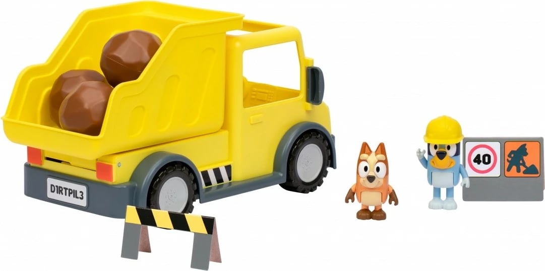 Set lodrash Bluey me kamion dump truck dhe 2 figurina, plastikë, verdhë