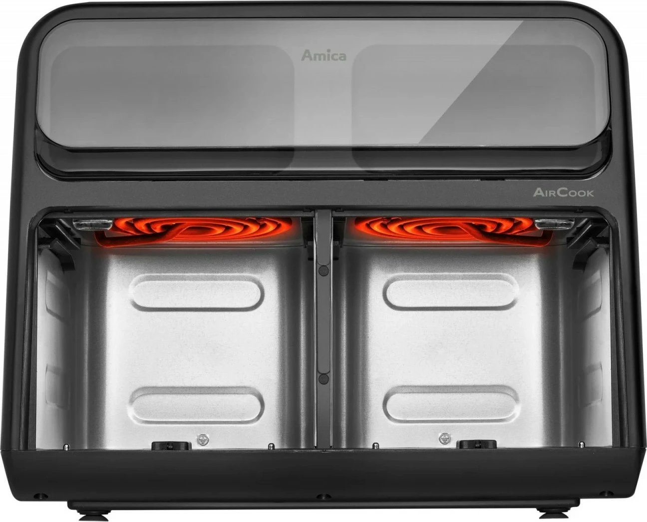 Fritezë me ajër, Amica, AFM 7020, me dy dhoma, 8 L, 2400 W, panel me prekje, dritare vëzhgimi, e zezë