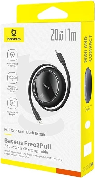 Kabllo karikimi Baseus Free2Pull, USB C në Lightning, 1 m, 20 W, E zezë