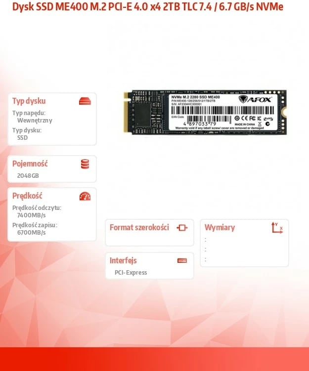 SSD AFOX ME400, 2TB, M.2 PCI-E 4.0 x4, i zi