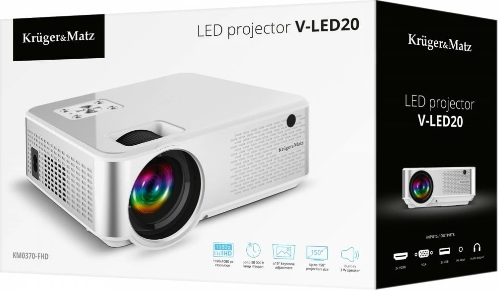 Projektor LED Kruger & Matz V-LED20 KM0370-FHD, Full HD 1080p, Bluetooth, Grafit