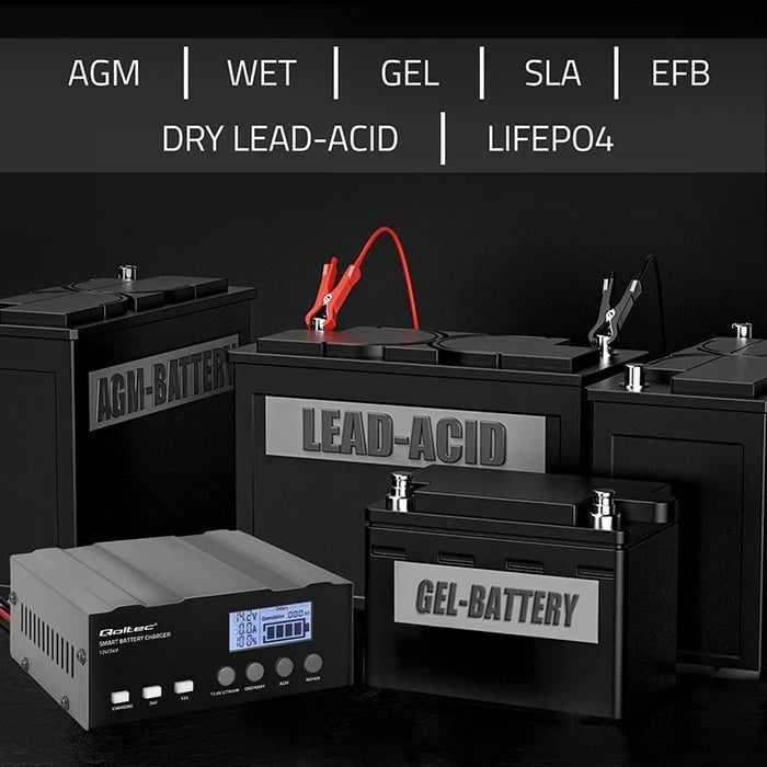 Karikues baterie Qoltec 52491, inteligjent, 12V/12.6V/24V, me funksion riparimi, me ekran LCD