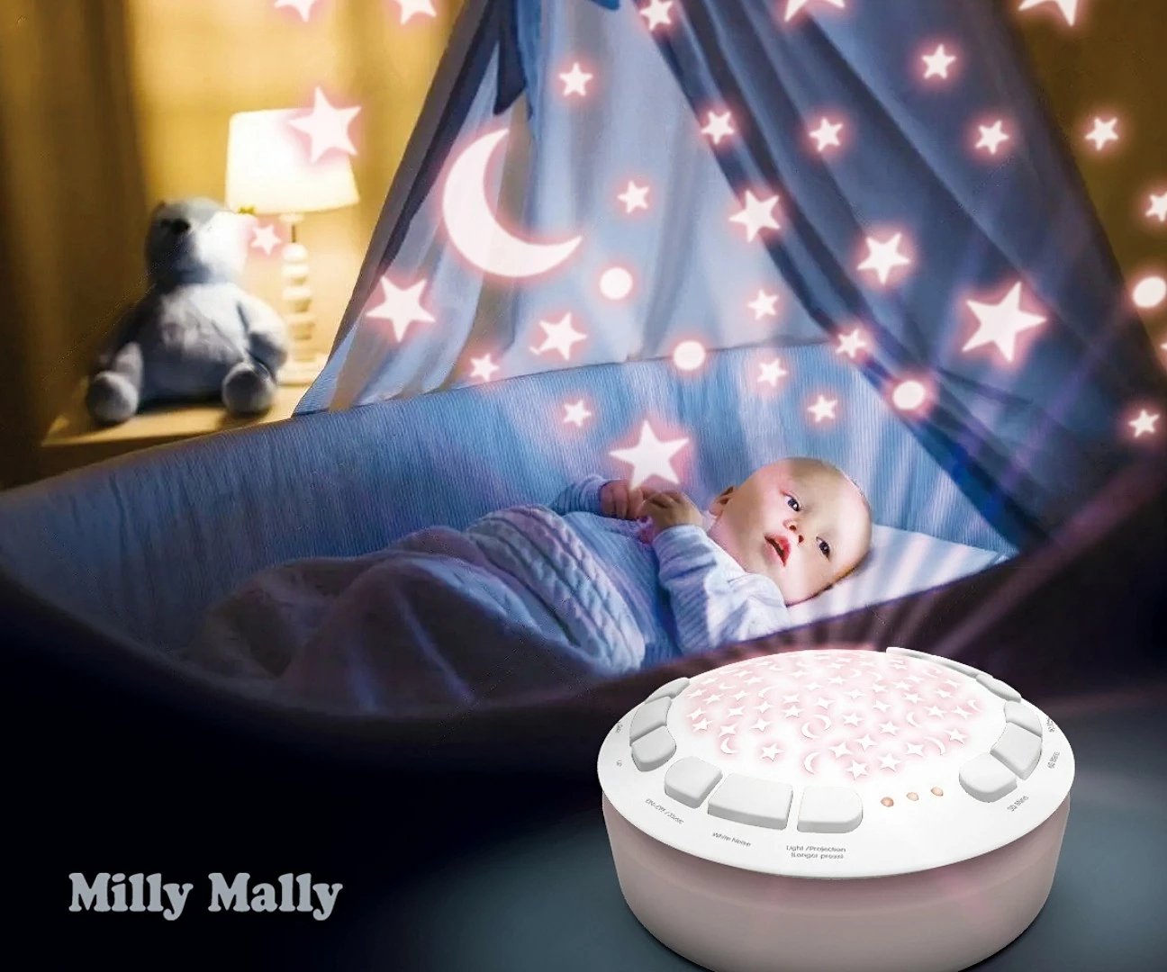 Lodër pelushi Milly Mally ari me projektor, e bardhë