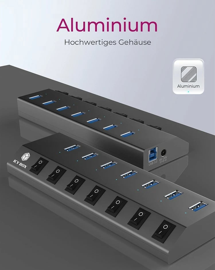 USB hub ICY BOX IB-HUB1701-C3, 7 porta, USB 3.2, alumini, anthracite