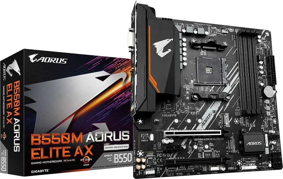 Pllakë amë Gigabyte B550M AORUS ELITE AX, Socket AM4, Wi-Fi 6E, DDR4, M.2, E zezë