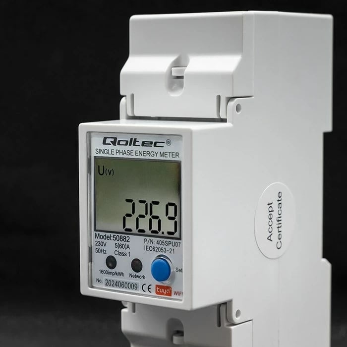 Matës energjie Qoltec 50882, njëfazësh, për DIN rail, Wi-Fi, TUYA, 230V, LCD