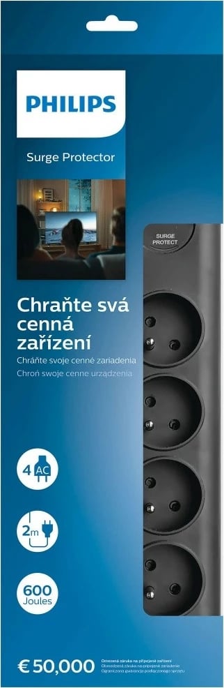 Mbrojtës rryme Philips SPN7040BA/60, 4 dalje, 2m, e zezë