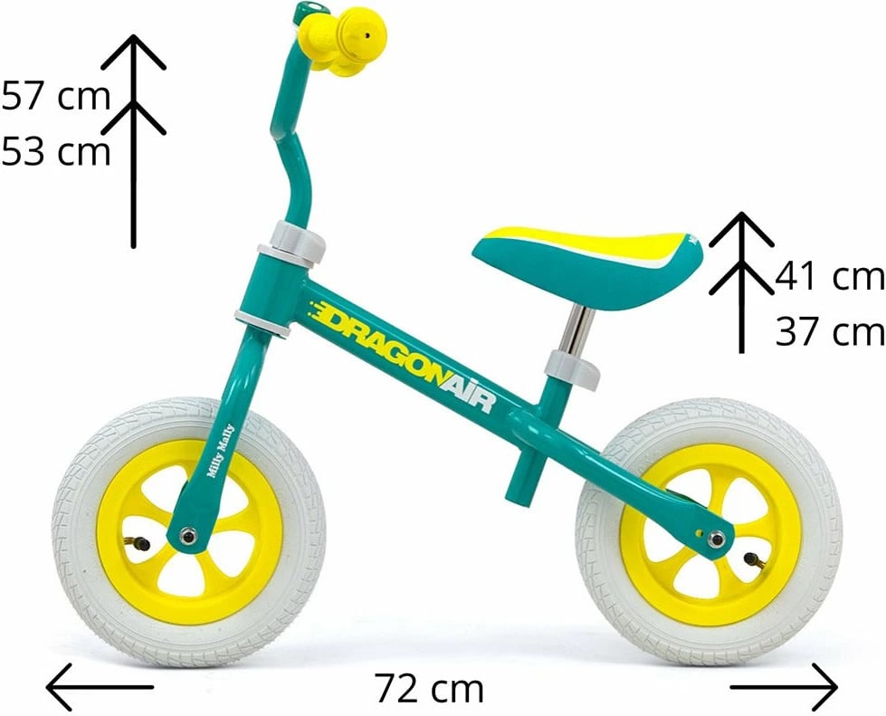 Bicikletë balancuese Milly Mally Dragon Air 10\", konstruksion çeliku i lehtë, timon/ulëse të rregullueshme, goma të fryjshme, zile, jeshile (mint)