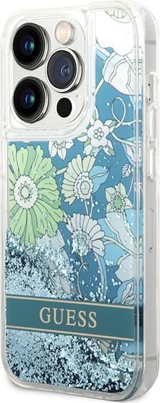 Mbështjellës Guess Flower Liquid Glitter për iPhone 14 Pro Max, Gjelbër
