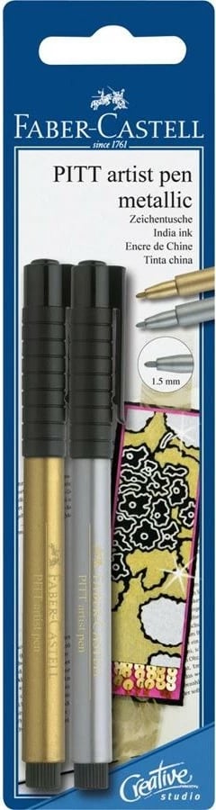 Stilolaps artistik Faber-Castell Pitt Artist Pen Metallic, 2 copë, ari dhe argjend