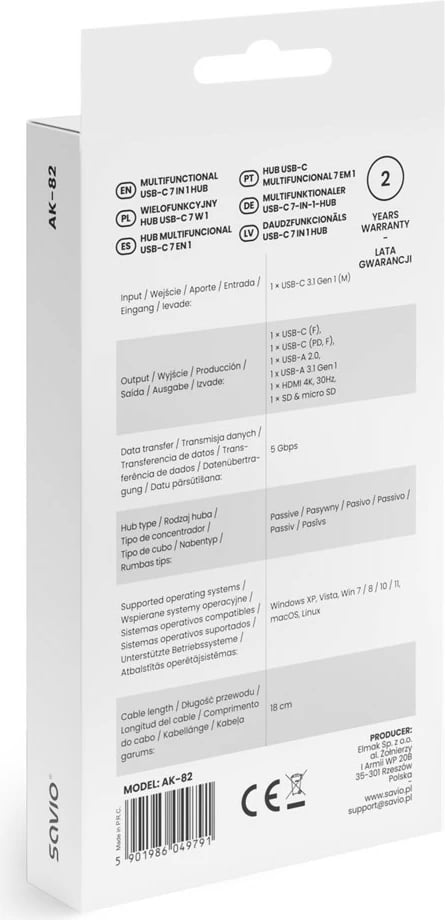 HUB USB-C 7-në-1 Savio AK-82, argjendtë