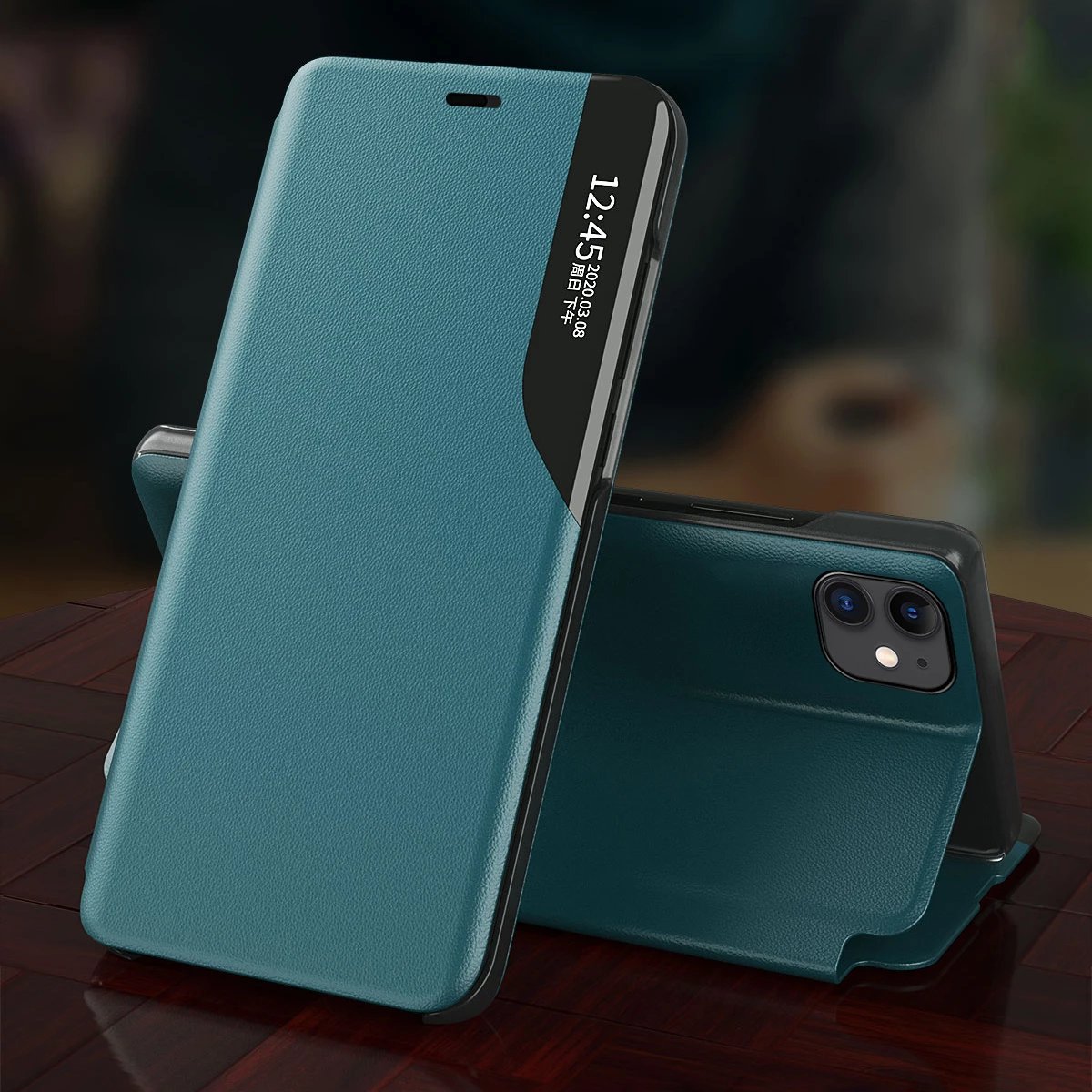 Mbështjellës Hurtel Eco Leather View Case për iPhone 13 mini, me kapak dhe qëndrim, Kaltër