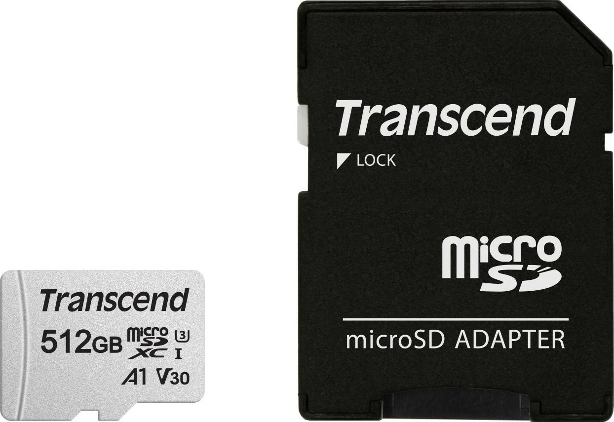 microSDXC kartelë Transcend 300S 512GB me adapter, Class 3, A1, V30, argjend