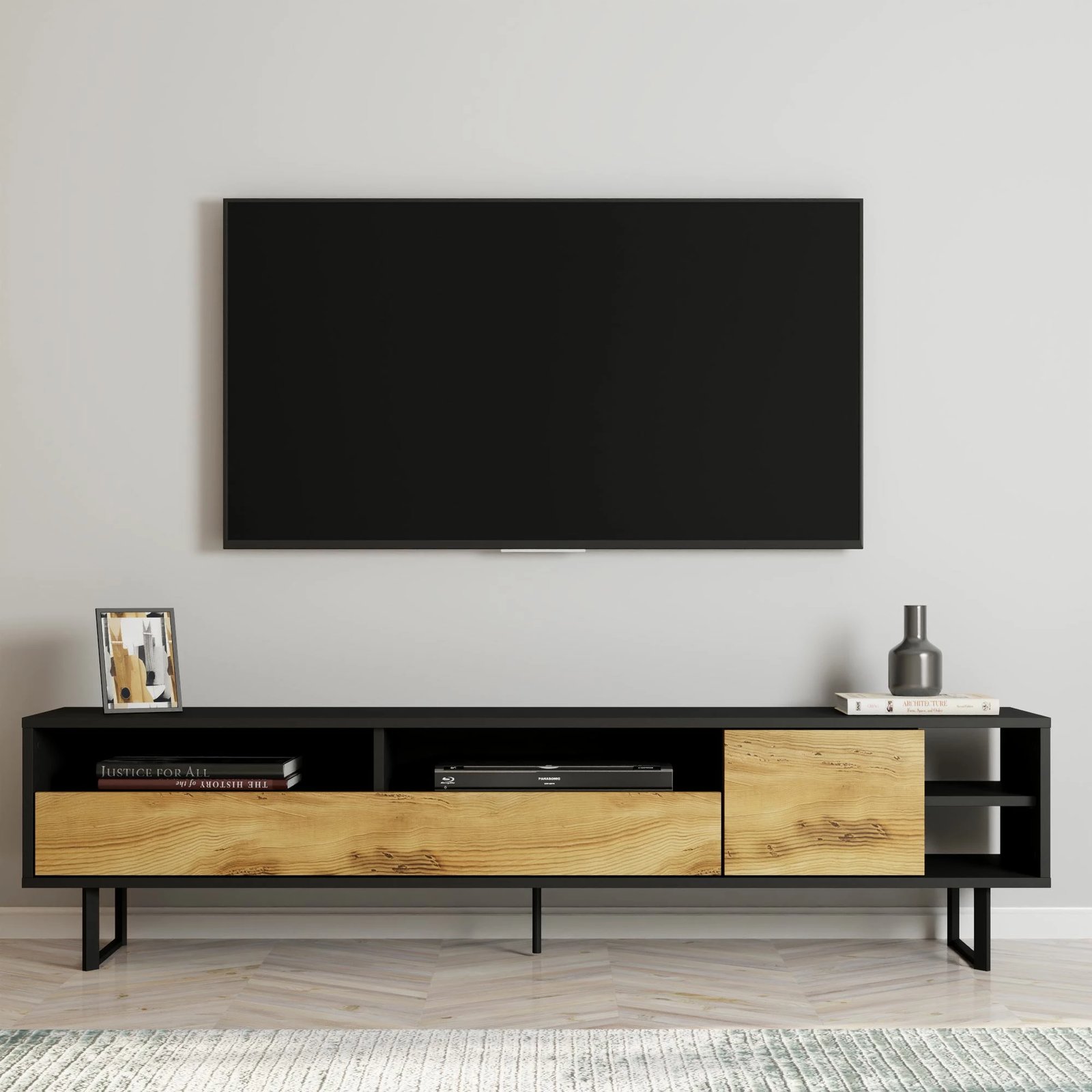 Komodinë TV Skye Decor, ngjyrë e zezë dhe lis, Luga