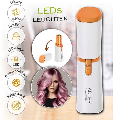 Makinë rroje trimmer për fytyrë, Adler, AD 2939, kokë me sitë, dritë LED, 1xAA, perlë-ari