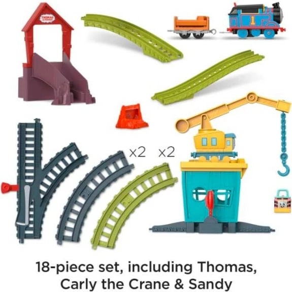 Set lodrash hekurudhore Fisher Price Thomas & Friends HDY58 me motor Thomas, vinç Carly, Sandy, shumëngjyrësh
