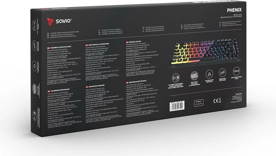 Tastierë mekanike wireless Savio Phenix, Gateron Red Pro, 82 taste, RGB, e zezë