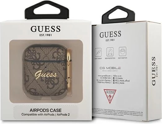 Mbështjellës Guess GUA24GSMW për AirPods 1/2, 4G Script Metal Collection, Kafe