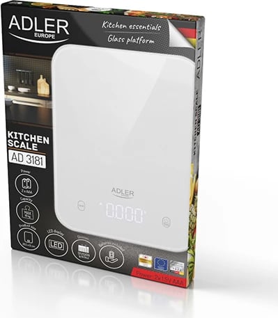 Peshore kuzhine, Adler, AD 3181, 10 kg, ekran LED, platformë xhami të temperuar 205x150 mm, e bardhë