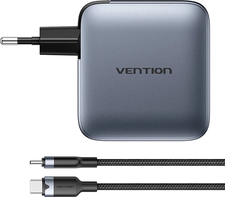 Karikues Vention TZ-FET-EU, 100W GaN, 3x USB-C, 1x USB-A, me kabllo USB-C në USB-C 1m, Gri