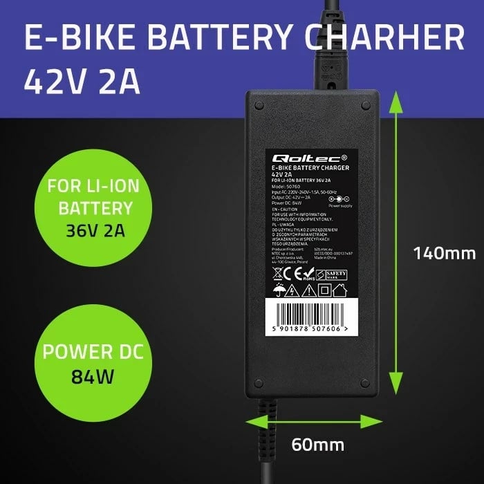 Karikues Qoltec 50760 për bateri e-bike, 36V | 42V | 2A, i zi