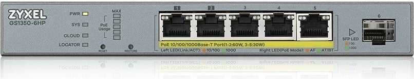 Kasë rrjeti Zyxel GS1350-6HP, Managed Switch, 5x Gigabit PoE, 1x SFP, 60W, Gri