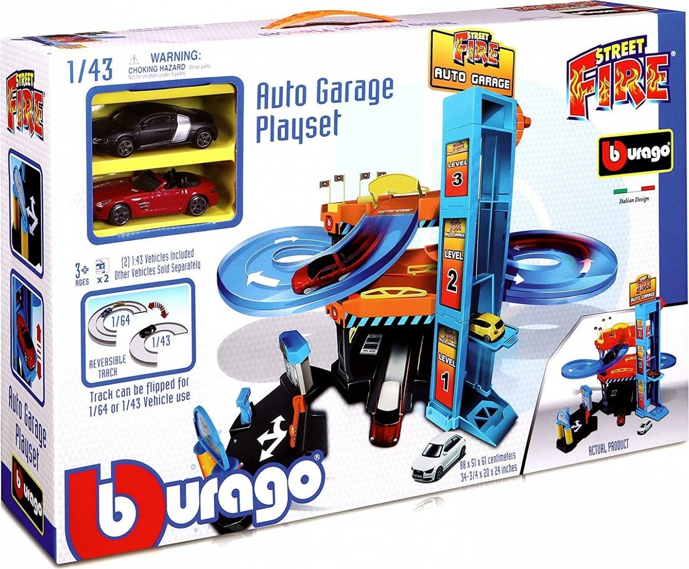 Set garazh lodër Bburago Street Fire Auto Garage me 2 makina, shumëngjyrësh