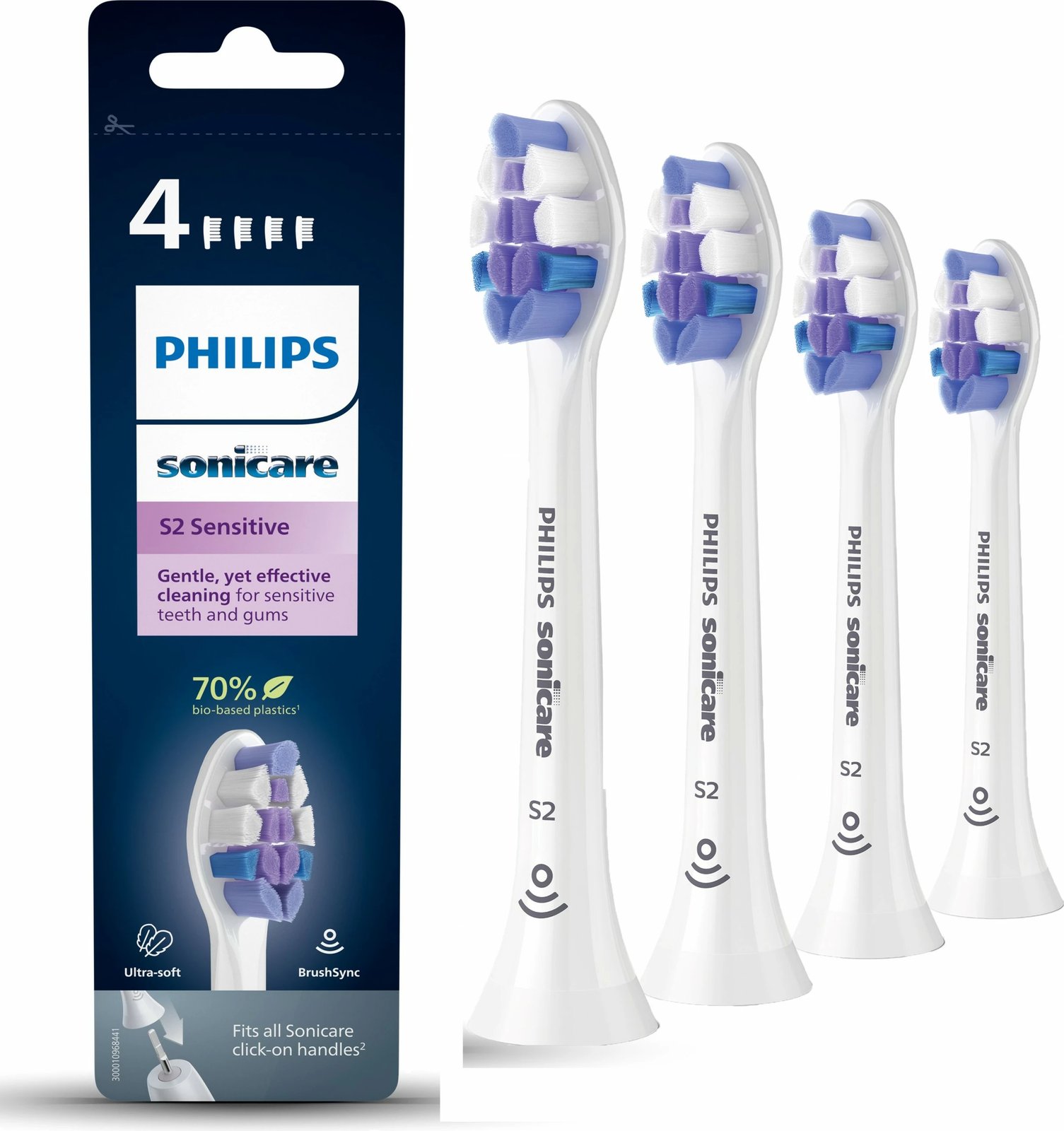 Koka furçe Philips S2 Sensitive, 4 copë, e bardhë