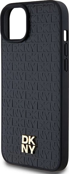 Mbështjellës DKNY Leather Monogram Pattern Metal Logo MagSafe për iPhone 15 Plus / 14 Plus, i zi