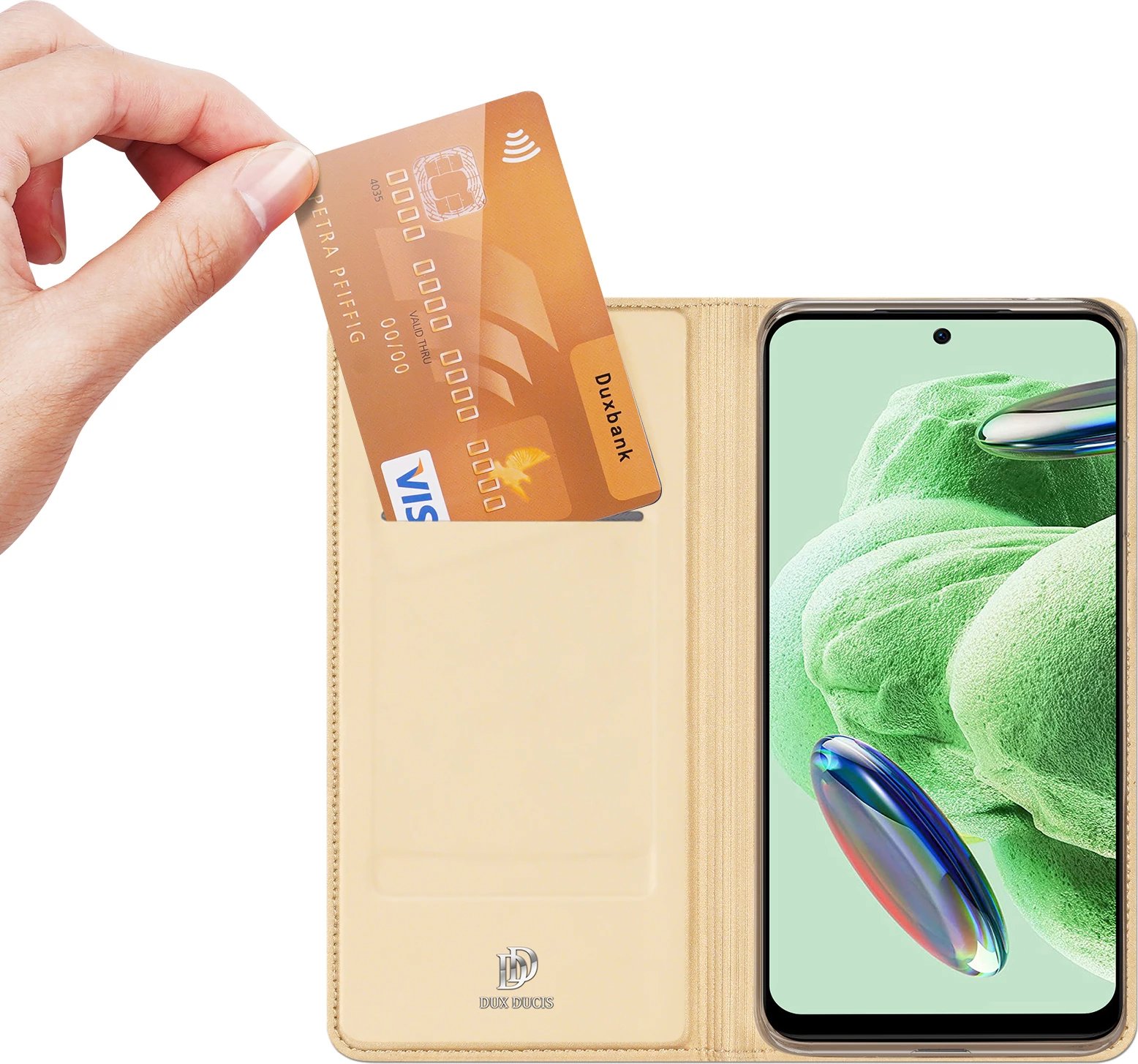 Mbështjellës Dux Ducis Skin Pro për Xiaomi Redmi Note 12 Pro+, me xhep karte, stand, Gold