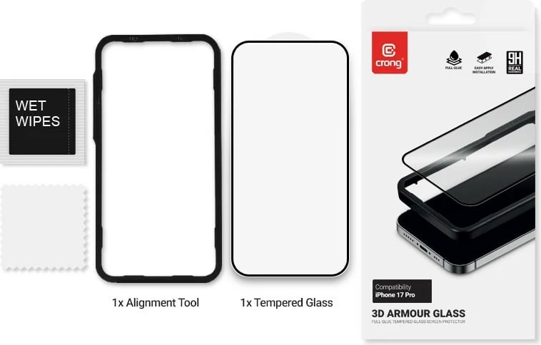 Mbrojtës ekrani qelq i kalitur, CRONG 3D Armour Glass, për iPhone 17 Pro, 9H, kornizë instalimi