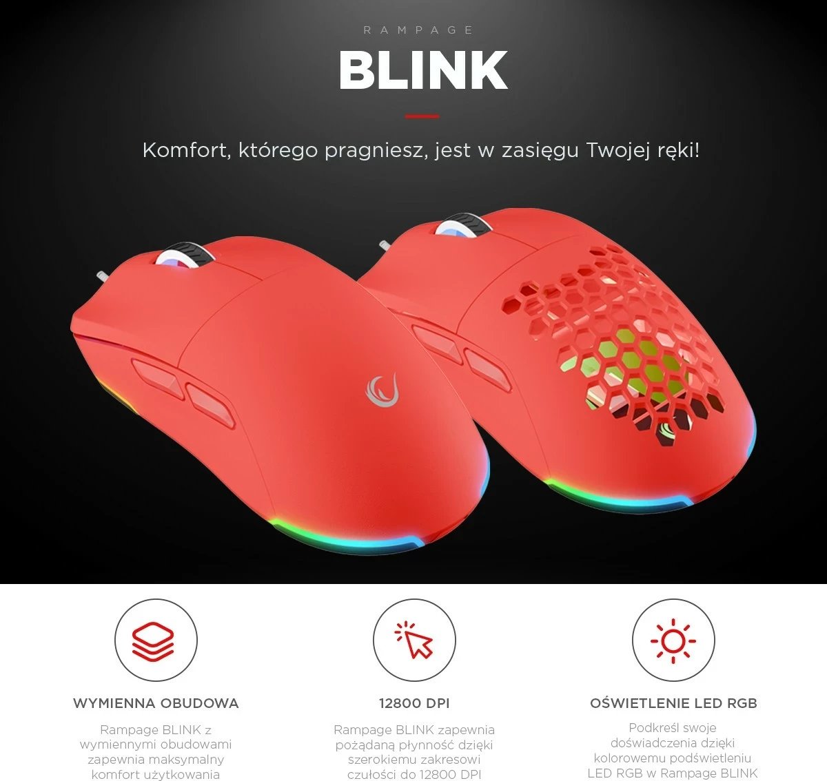 Maus gaming Rampage BLINK, USB, 12800 DPI, RGB, sensor optik, e kuqe