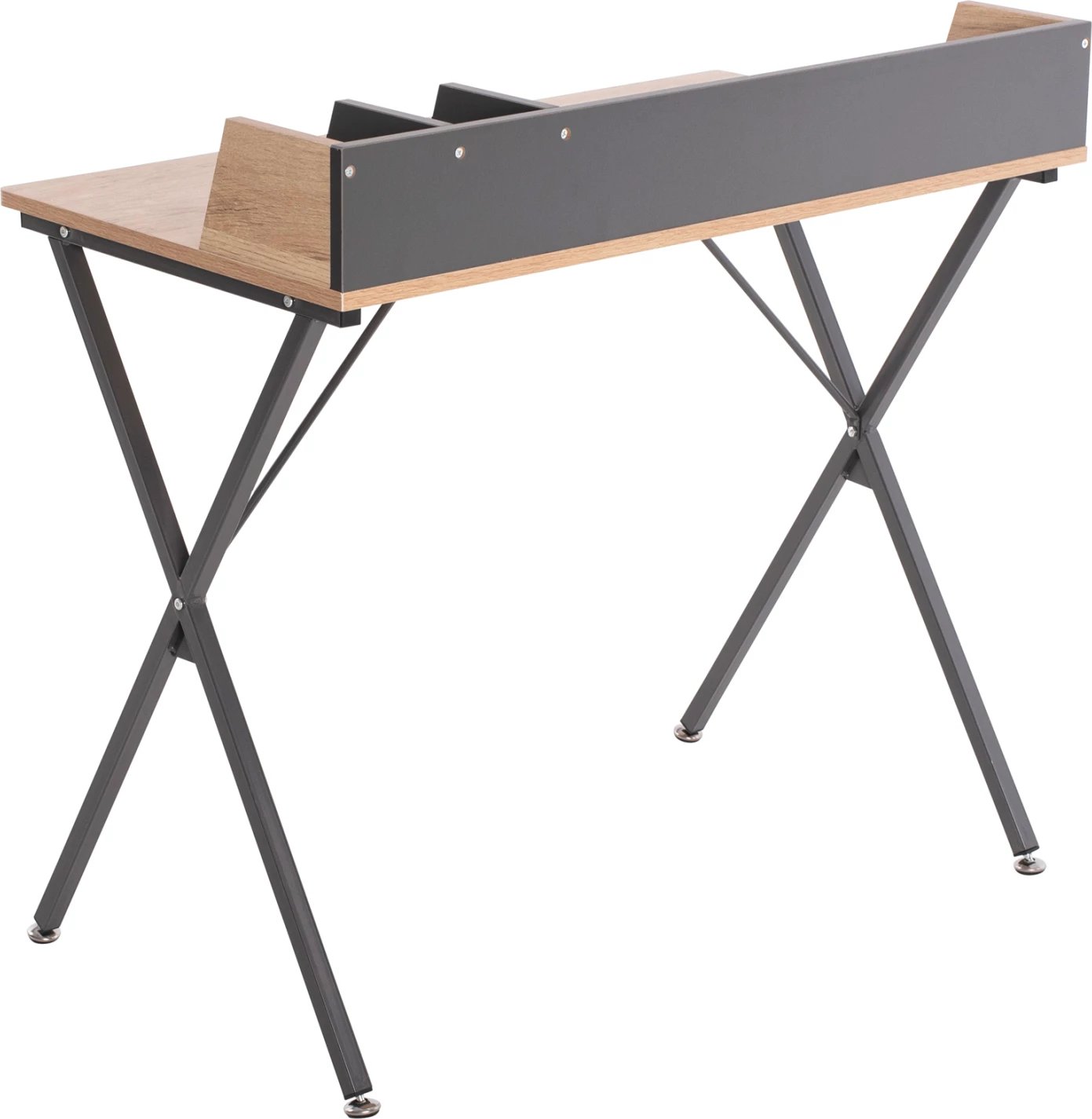 Tavolinë zyre FH9320, ngjyrë gri metalike, sipërfaqe MDF ngjyrë lisi, 90x50x73.5-85.5H cm