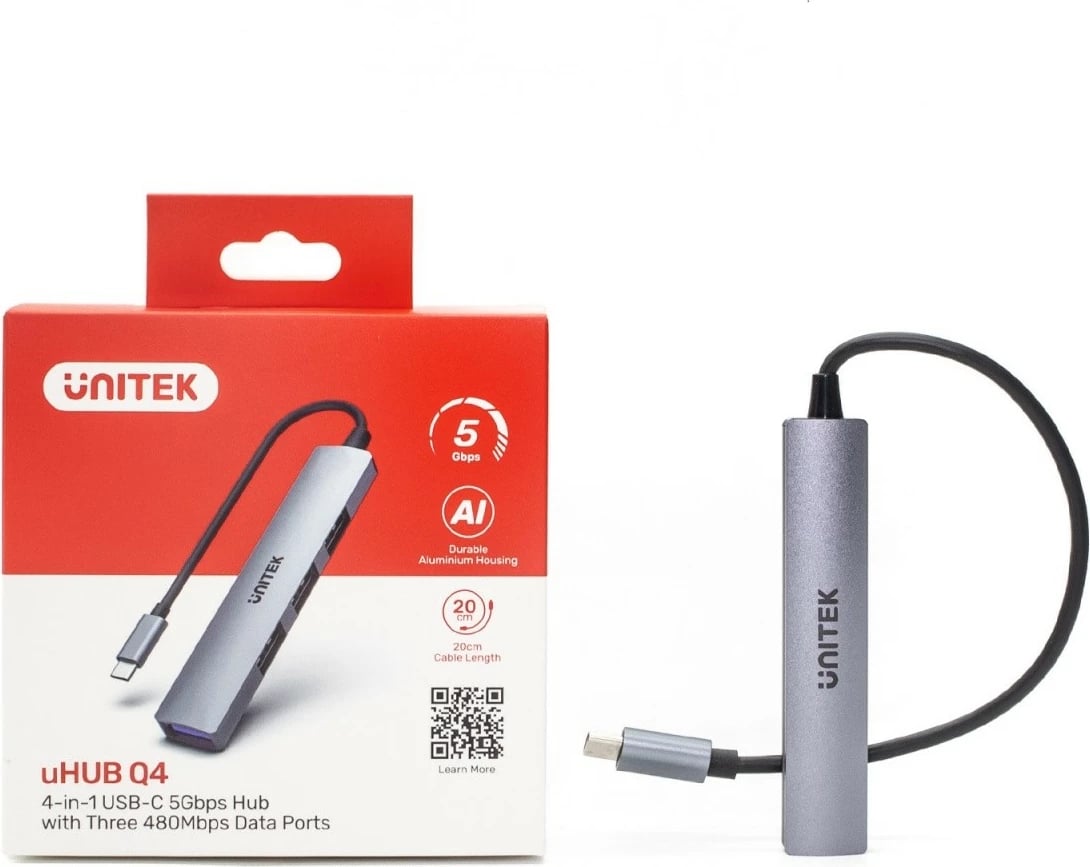 HUB USB-C Unitek H1208B, 3x USB-A 2.0, 1x USB-A 5 Gbps, Alumini, Gri/Argjend