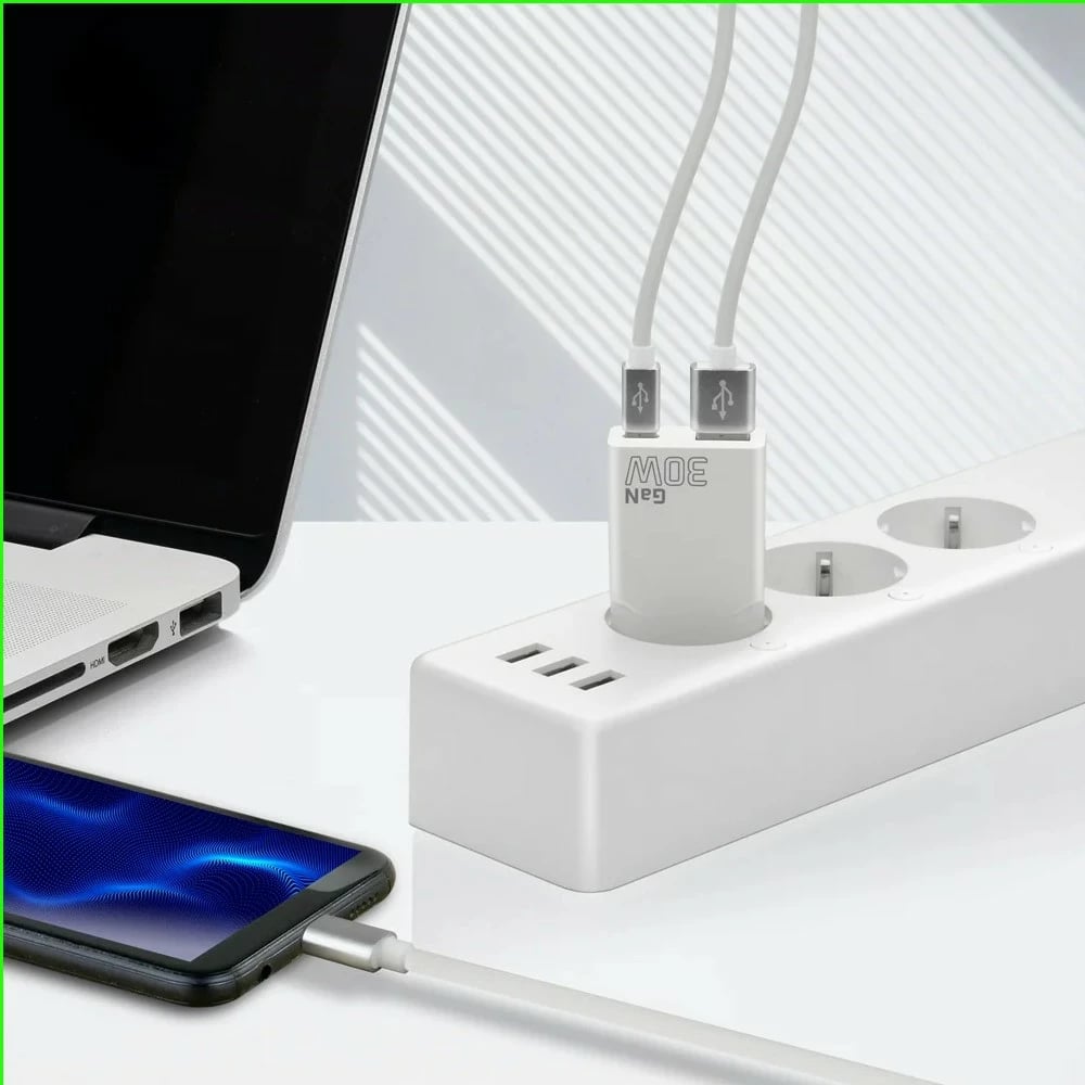Karikues muri, everActive SC-380Q, GaN super slim 30W, 1x USB + 1x USB-C, QC 3.0/PD, e bardhë