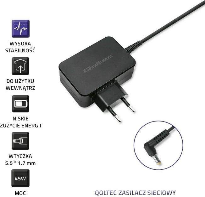 Adapter energjie Qoltec 52394 për Acer, 45W, 19V, 2.37A, 5.5x1.7 mm, i zi