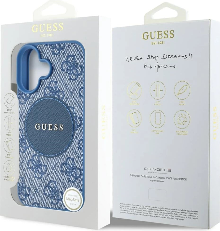 Mbështjellës Guess 4G Circle Classic Logo MagSafe për iPhone 16, Kaltër